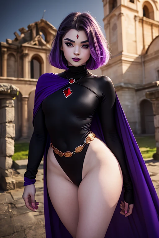 A mid shot of Raven, full body, Teen Titans Raven, slender slim body, skinny waist, pale grey skin, red gemstone in the centre of her forehead, looking at viewer, seductive, (realistic), (masterpiece), (highly detailed face), thick eyebrows, big juicy purple lips, lip filler, cheekbones, defined face, sharp nose, attractive