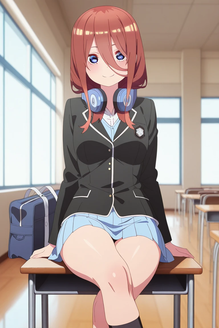 alone, 1 girl, looking at the viewer, 2D, anime, anime coloring, high quality, alone, contrasting, Miku Nakano, Headphones around the neck, looking at the viewer,((table top, 最high quality, High resolution, nffsw, perfect pixel, 4k, nffsw, nffsw))), 1 girl, alone, beautiful woman、I could see the whole body,((detailed face, blush:1.2)), ((smooth texture:0.75, realistic texture:0.65, realistic:1.1, animeCGスタイル)), medium breasts, dynamic angle, perfect body, ((school uniform, white shirt, black skirt, unbuttoned shirt、plaid skirt、not wearing shoes、white socks)), classroom without people、sit at desk、lower'I took my foot off the desk..............................、evening、、、Very embarrassing panic smile、(lift the skirt with your right hand、open your legs、open your knees wide、light blue floral lace panties)、、(cute floral bra)、angle from below