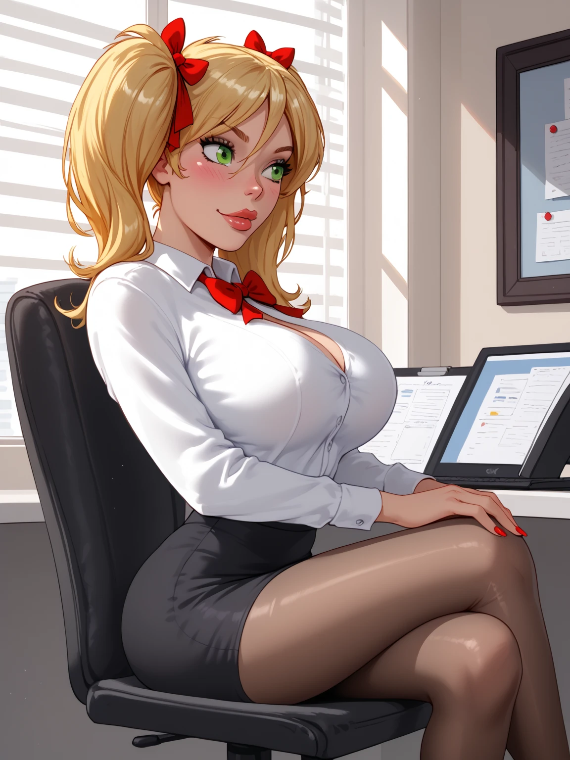 full body, slim waist, curvy body, perfect eyes, perfect hands, colossal chest, long shapely legs, 1 girl, blonde hair, sitting in an office chair, short sleeves cropped knit blouse, underboob, big dumb eyes, hair in pigtails, short olive yellow knit skirt, strappy platform pumps, delicate layered heart necklace, lace choker, tiny skirt, thigh highs, tall platform pumps, messy bleached blonde hair, huge pink lips, bimbo aesthetic, huge hoop earrings, realistic textured skin, shiny lips