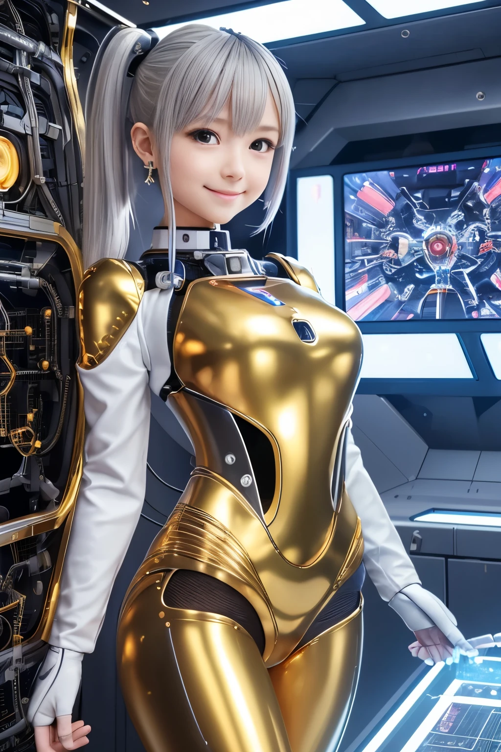 ( best quality , high resolution , masterpiece:1.2), high precision, realistic:1.37, ( anatomically correct), 1 girl, cowboy shot, cute Japanese super idol,, Vertical position , very cute baby face ,( big smile), beautiful eyes on my stomach, beautiful skin, beautiful face above the castle gate , slender body, small breasts,(futuristic tight golden space science plug suit:1.3), super tight fit for suits , , Metal Necklaces , futuristic earrings ,, ( without makeup), Katyusha is connected to her head , cybernetics , cyberpunk, Intricate Decorative Details , silver hair,( The background is inside a robotic operating room .).