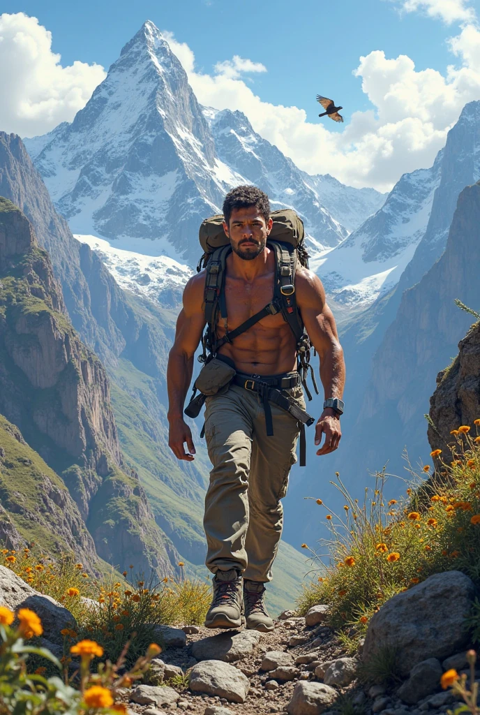 Qualidade de imagem ultra-alta, realistic and strong male characteristics, um homem inspirado em Henry Cavill como Wolverine, Homem musculoso, detailed vein muscles, Um homem, usando jockstrap branco sujo e mochila de caminhada, imundo, suado, pernas muito peludas, ao fundo uma montanha, trilha de caminhada, ao ar livre, amazing composition, vista frontal, hdr, volumetric lighting, ultra qualidade, elegante, altamente detalhado, perfect abdomen extremely hot and sexy, full body view (vista frontal), luz difusa, location: ao fundo uma montanha, trilha de caminhada, ao ar livre, amazing composition, vista frontal, hdr, volumetric lighting, ultra qualidade, foto colorida, (candid human pele), pele