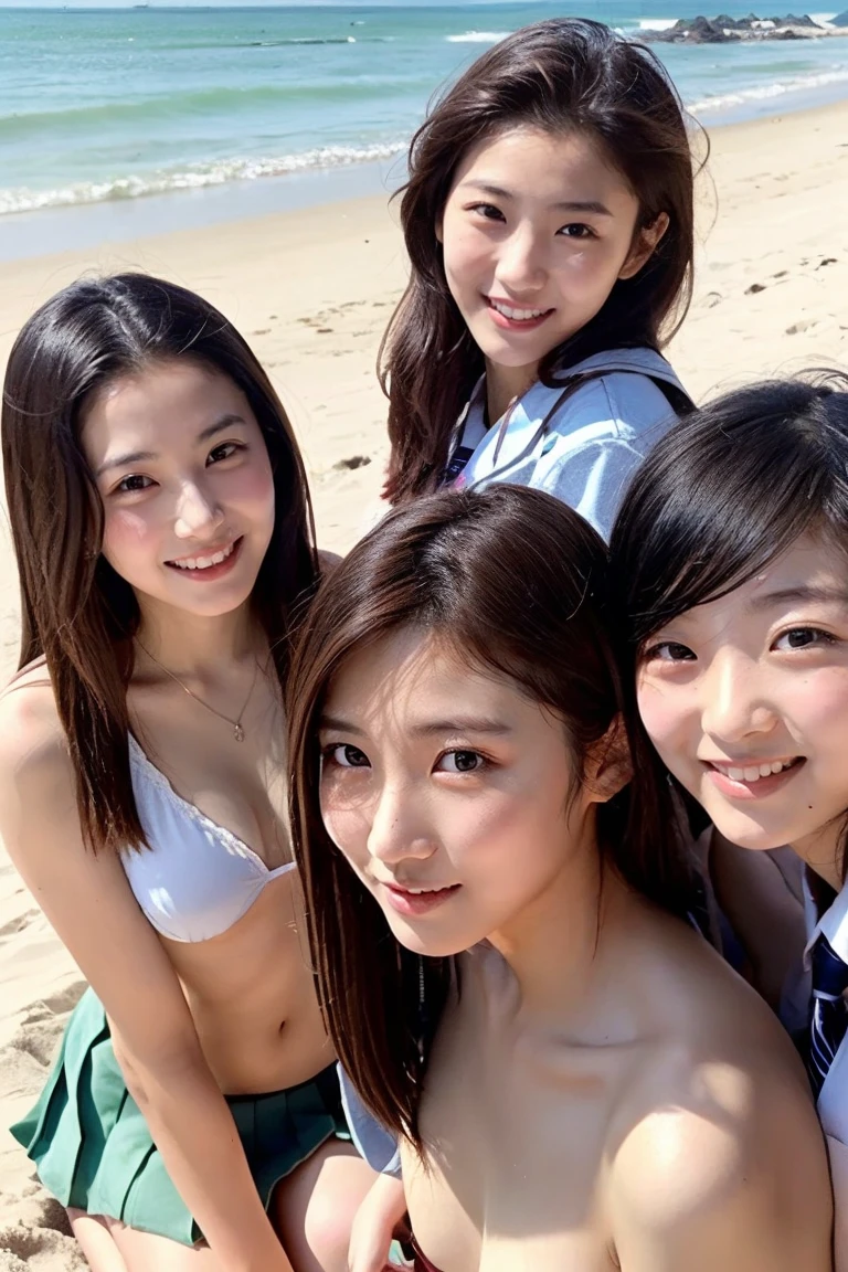 nsfw, Three Japanese schoolgirls try out a nudist beach、Naked Big Tits、All of them are super beautiful idol girls、double eyelid、Small Mouth、Sexually provocative facial expressions、Group selfie photo、Pure white skin、Pink nippleatching choker、Cute yet overwhelmingly erotic