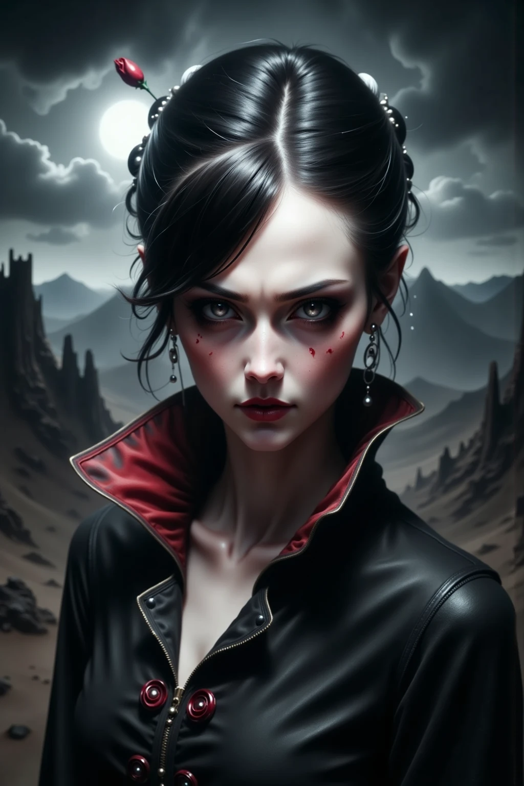 Goth, night, female vampire,red eyes, orgasmic face,Steve Henderson Fabian Perez Henry Asencio Jeremy Mann Marc Simonetti fantasy magical horror atmosphere
