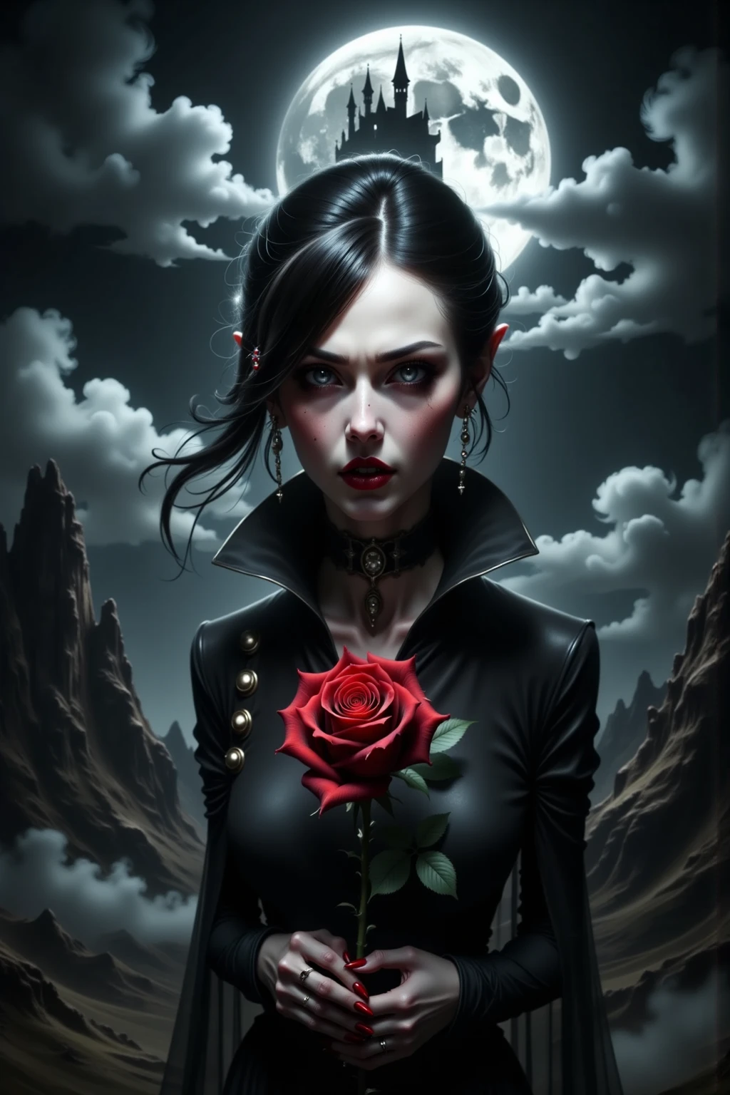 the best RAW photo of victorian witch of salem era vampire woman wearing black dress leather corset, scary, spooky, wide evil smile, fangs, nightmare, dark foggy village, night ominous dark foreboding, mist, moonrays, blood moon, bats, pale skin, black hair, high contrast, backlighting, bloom, chromatic aberration, sharp focus, (glowing red eyes:1.2), (bloody lips, bloody tears:1.2), low-key lighting, wind blow, atmospheric fog, (floating rose petals:1.2)