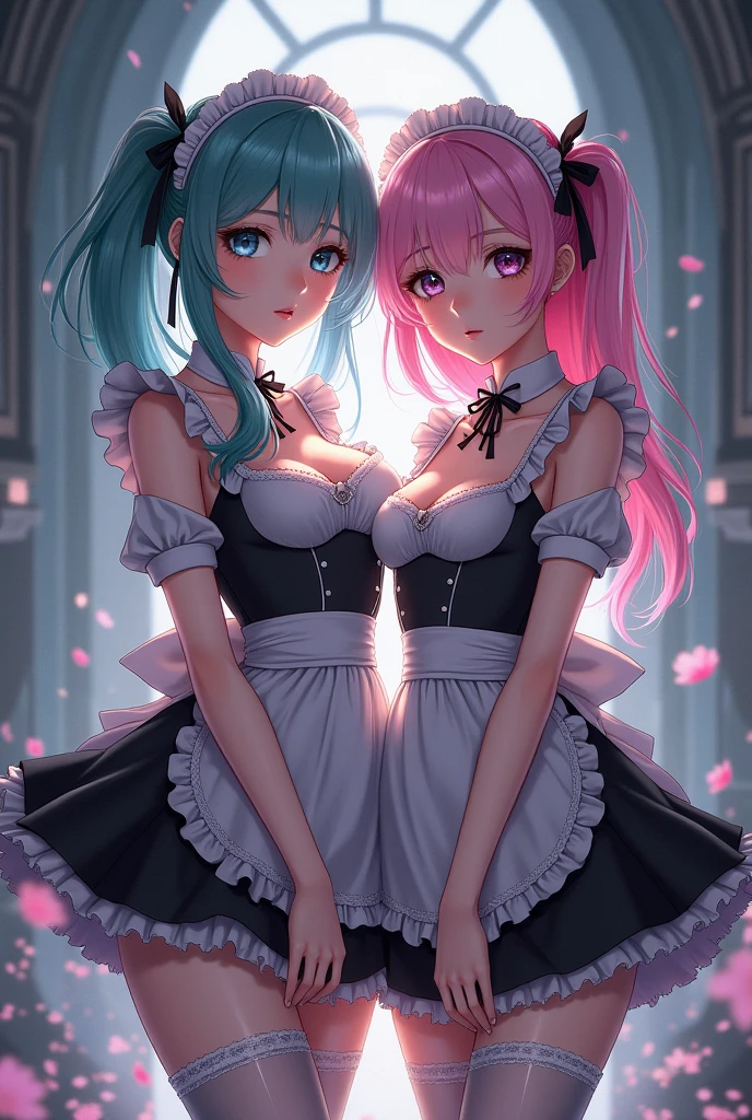 Two women in pink maid outfits are walking side by side on the street, alone, skirt, panties, underwear, (shiny light blue satin panties:1.3)、(shiny light pink satin panties:1.3)、Horizontal lace panties that cover the butt、liar, Knee socks,garter belt, The wind is blowing my skirt up , Recall, Realistic,Angle from behind, Second dimension beautiful girl