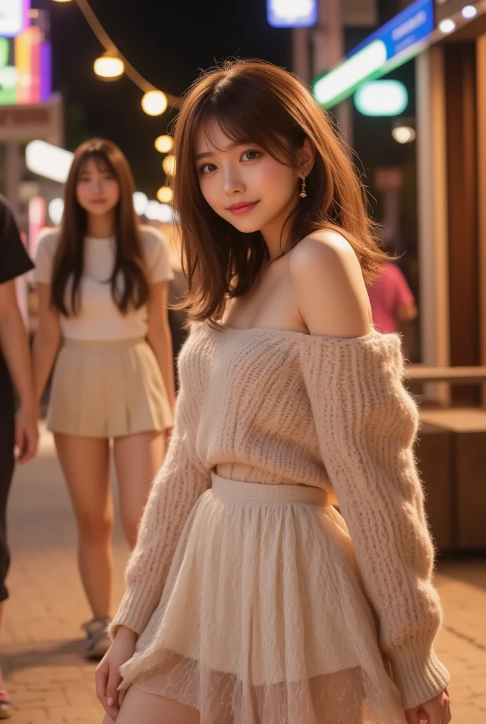 Masterpiece, top quality, high resolution, amazingly beautiful woman, unsexy winter fashion, wearing a sweater, skirt, straight hair, small breasts, natural colored lips, smile, Christmas night cityscape, gorgeous Christmas tree illumination background, looking at camera, full body shot,
