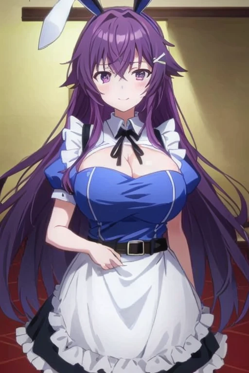 最high quality, high quality, Super detailed, 16K, Ultra-detailed details, pretty girl, alone, beautiful purple hair, Beautiful purple eyes, Big Breasts, A light smile, Summer clothes, Summer Maid clothes, I'm lifting my skirt, Blue and white color striped underwear(Showing her underwear under her skirt), My crotch is wet with love juice, {{A succubus who falls in love with a man steals the facial skin of the girl he loves, transforms her face into that of a girl, and serves the man as a maid.}}, Full body image, NSFW