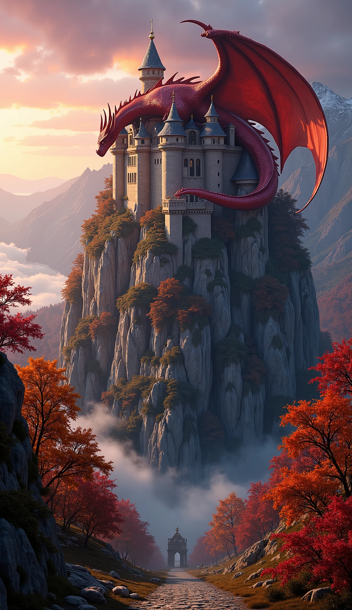 in high-definition image, medieval European rural masterpiece, A majestic medieval stone castle perched atop a towering, mist-shrouded mountain, its ancient walls covered in ivy and weathered by centuries of storms. A colossal red dragon sleeps curled around the highest tower, its gleaming crimson scales reflecting the golden light of the setting sun. The beast's wings are draped like a cloak over the castle rooftops, and its slow, fiery breaths send faint embers swirling into the crisp autumn air. The surrounding mountain slopes are a sea of fiery red, orange, and golden oak trees, their leaves rustling in the cold wind. A narrow, winding path of broken cobblestones leads up to the castle gates, guarded by crumbling statues of forgotten kings. The sky is painted in deep purples and burnt oranges, with distant storm clouds rolling over the peaks. Ultra-detailed, hyper-realistic, cinematic lighting, fantasy atmosphere, dramatic shadows, and a sense of awe-inspiring scale."