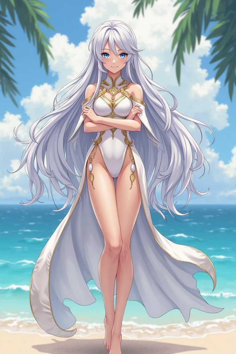 realistic, 1girl, Emilia re:zero, crown braid, flower hair ornament, x hair ornament, white hair, long hair, purple eyes, bikini, beach, light particles, light rays, wallpaper
