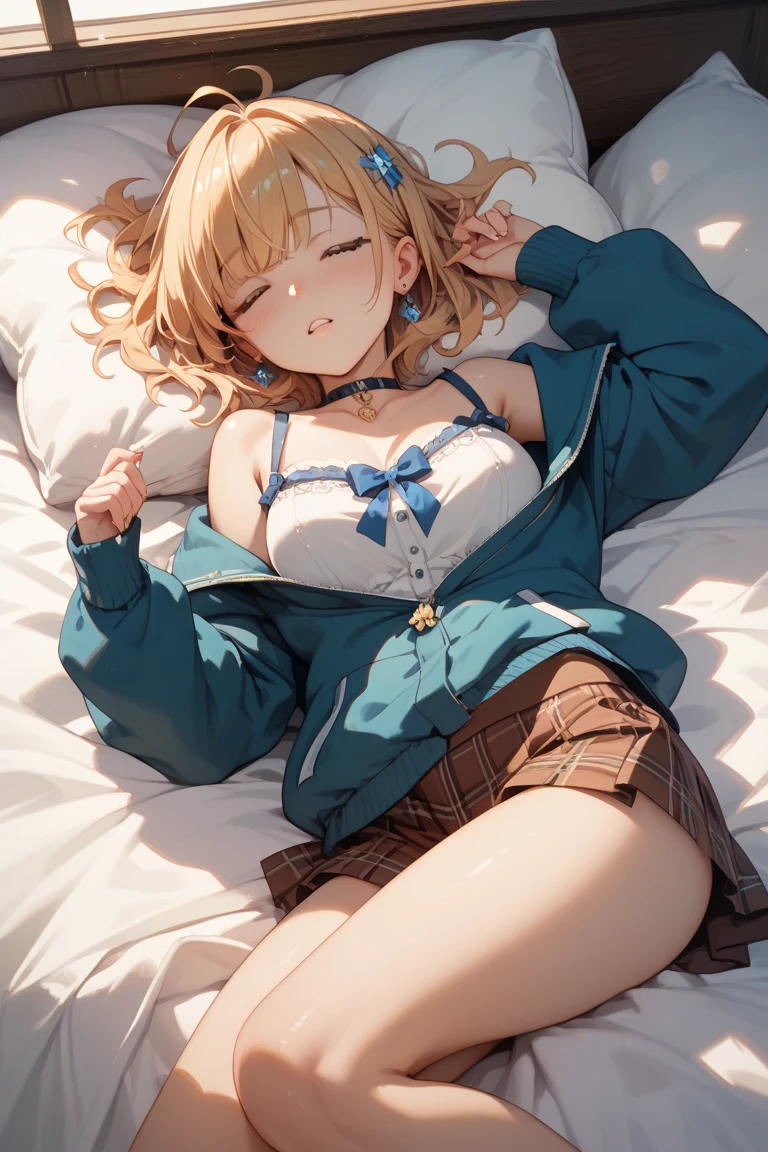 masterpiece, high quality, Perfect Face, Beautiful Face, Photo Background,Perfect Skin, Beautiful Skin, Soft Skin, Glowing Skin, Intricate details, Delicate pattern, best quality, masterpiece, kei karuizawa, long hair, bangs, blunt bangs, (purple eyes:1.1), blonde hair, shirt, hair ornament, ponytail, scrunchie, blue scrunchie,skirt, shirt, bow, school uniform, jacket, (red jacket:1.2), pleated skirt, bowtie, sweater, (blue bow:1.2), (blue shirt:1.2),(white bra:1.1), (white pantie:1.1), cameltoe, clothes lift