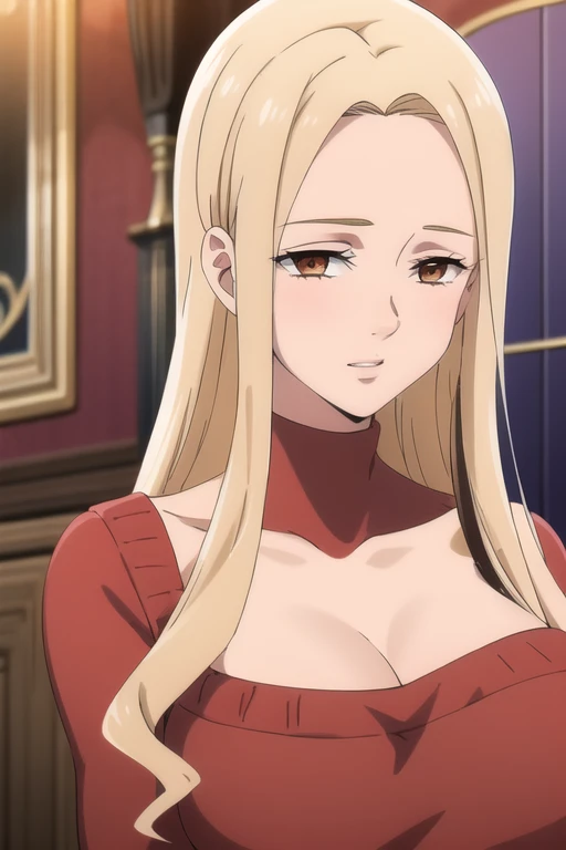 masterpiece, best quality, high quality, high detailed, EPSILON YELLOW, 1girl, solo, cleavage, jewelry, necklace, yellow dress, bare shoulders, red ribbon, white background, hair ribbon, simple background, looking at viewer, ringlets, upper body, hair bow, off shoulder, collarbone, expressionless, frown, closed mouth, <lora:EPSILON YELLOW640:0.7>