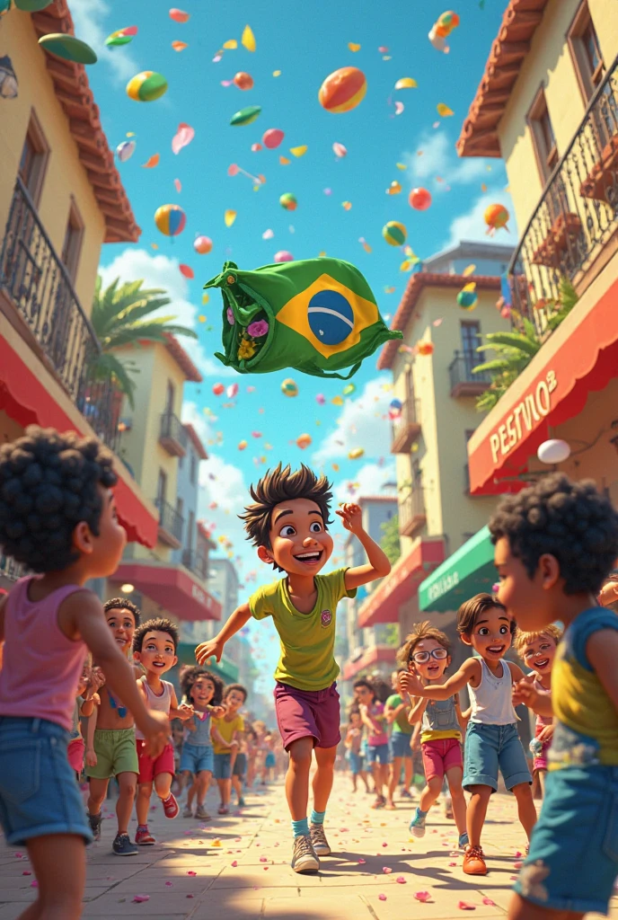 Boy wearing a Brazilian shirt on top of a favela flying 2 kites 