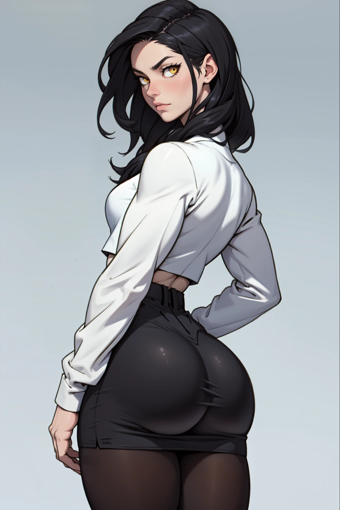 girl ((1girl)) pale skin (muscular) ((huge ass)) toned body thick thighs black hair yellow eyes long hair (grey background) bodybuilder (from behind) (black leggings tight long sleeve black t-shirt)