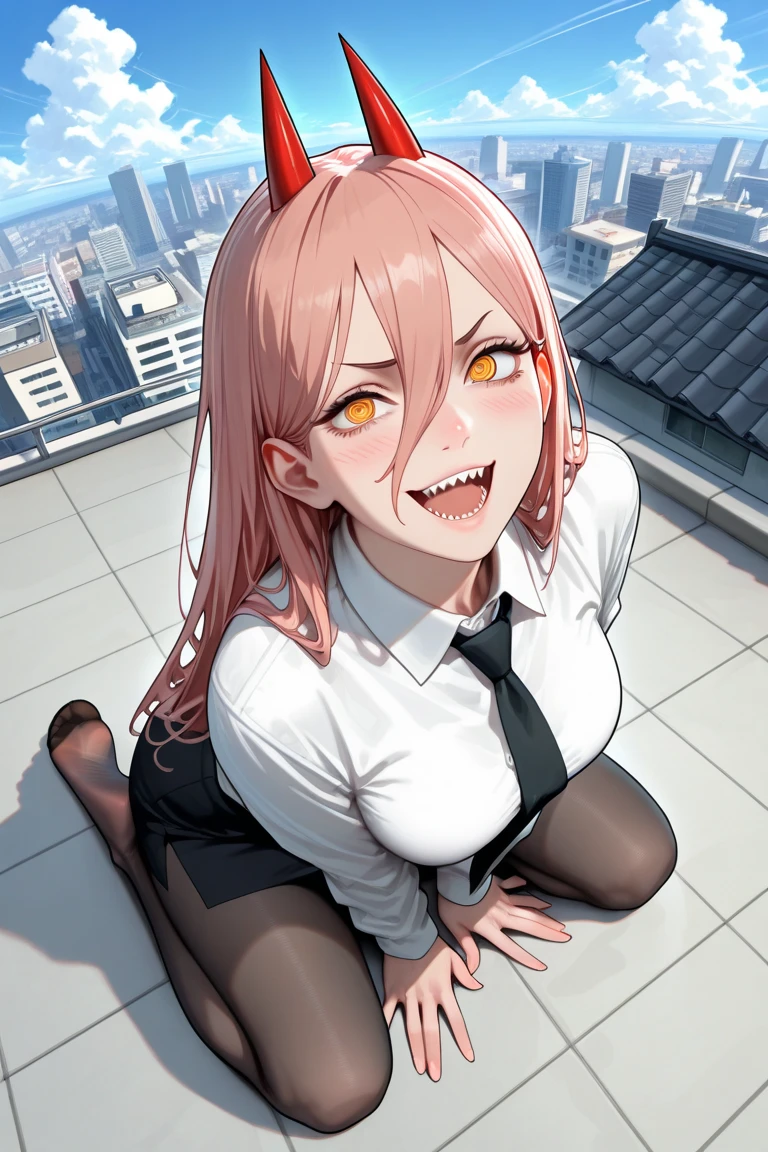 score_4, score_5, score_6, score_9, score_8_up, score_7_up, source_anime, power \(chainsaw man\), chainsaw man, demon horns, sharp teeth, collared shirt, white shirt, necktie, black pants, open mouth, pov, selfie, outdoors, city, night, fellatio, huge cock, dark skinned male, licking penis, tongue on penis, oral sex, blowjob