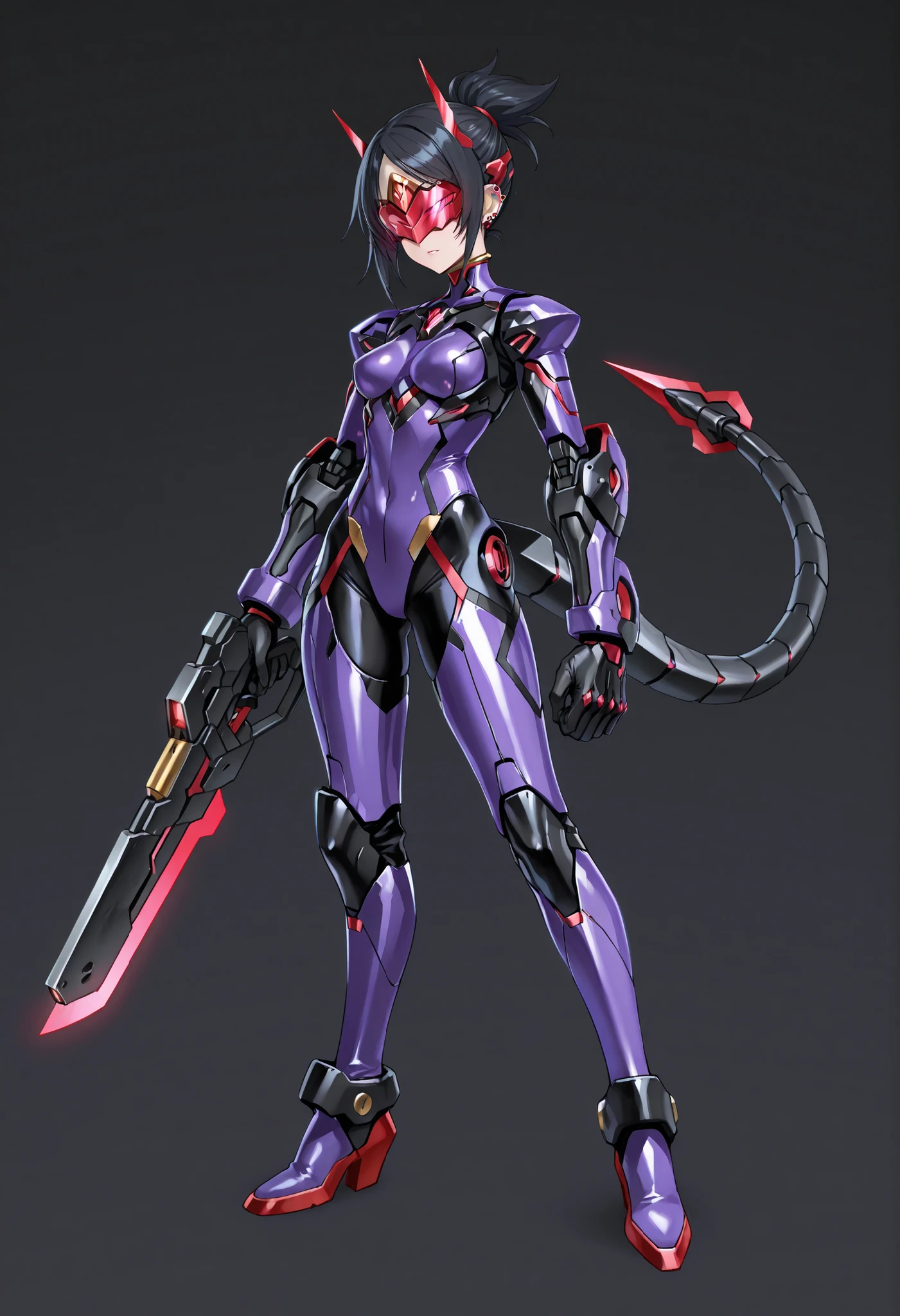 Cyborg girl. Black hair. Short hair. Tied hair. Red glowing cyber visor. Armored bodysuit. Purple costume. Mechanical tail fin. Large hands. Both hands fused with weapons. Piercing weapon.