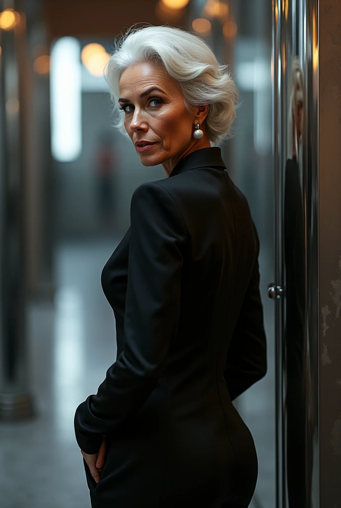 photo of a gray-haired woman in an elegant business suit, wide-frame photo, photo shoot style, exquisite, detailed, dramatic, elite, real world, (hard focus, 8 k), (((natural skin texture))), 8k textures, soft cinematic light, adome lightroom, photo lab, hdr, intricate, elegant, highly detailed, clear focus, (((cinematic look))), soothing tones, crazy detail, high detail, low contrast, soft cinematic light, dull colors, mixing exposures, HDR, fade, 35 mm, f/1.4, ISO64, f16, 25 sec.