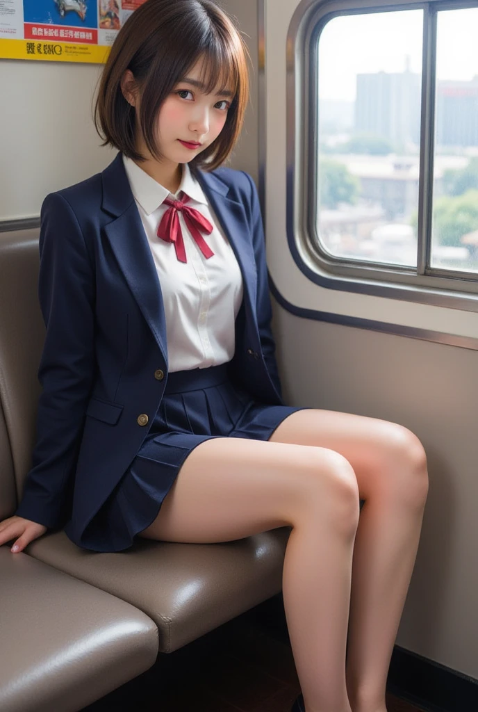 2girls, 16 K, Best Quality, 超A high resolution, School uniform, Train interior, Sitting, Full body, Legs, thighs thighs thighs thighs, (Panties:1.2), Skirt lift, lifted by self, look looking at viewer, Seductive smile, Black Short Bob Hair, BREAK,Blonde long hair, JK train opposite ,Realistic, Lips, Slender thighs, Slender legs,
Open knees