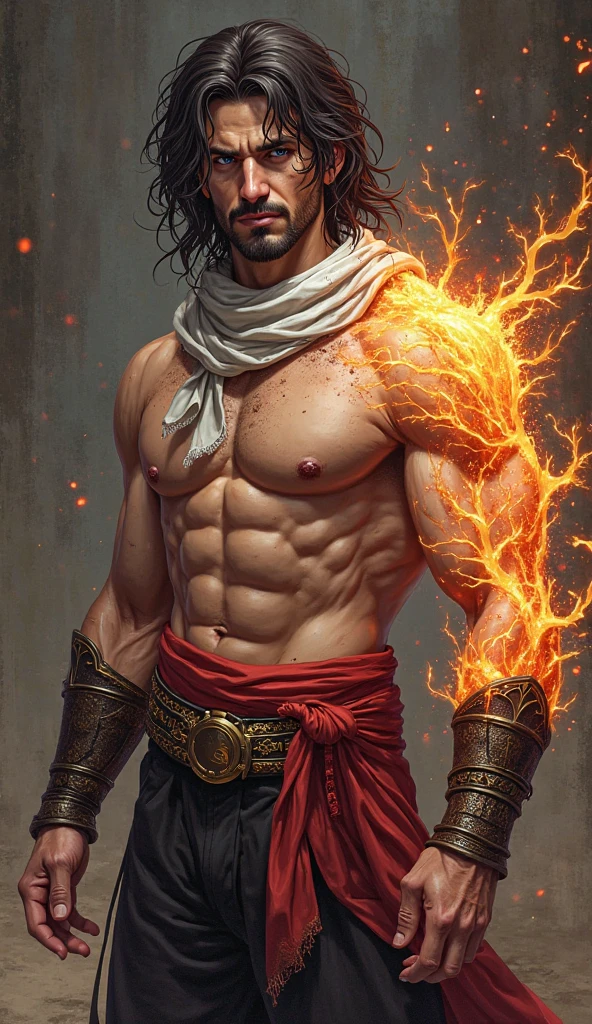 realist, masterpiece, intricate details, detailed background, depth of field, muscular, Photo of a handsome Latin magician, 30 years, (short black hair), Voluptuous crotch, fire spell, magician, He wears a long cape with a hood, red and white coat, y muscular, wearing thong, Chest focus, incendiary.