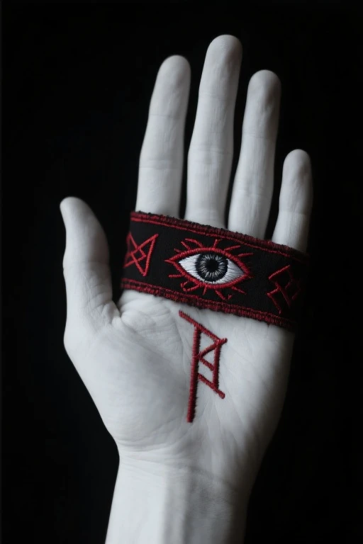A white hand with a blindfold and an eye embroidered on the palm, runes of witchcraft are embroidered in dark red thread on a black background