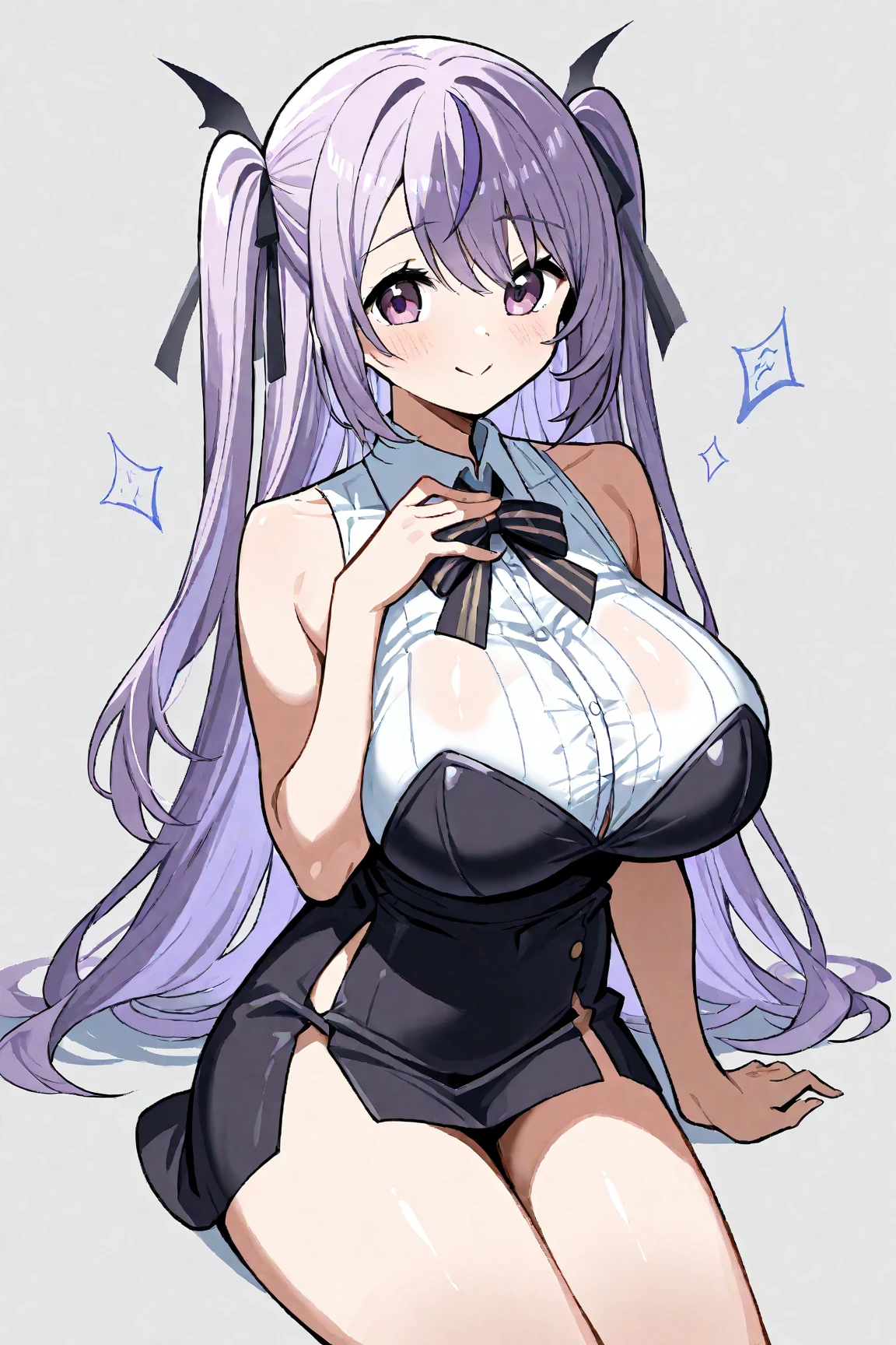 best quality, masterpiece, highres, solo, {hanae_bluearchive:1.15}, purple_hair, long_hair, hair_ornament, twintails, blue_eyes, blush, halo, breasts, open_mouth, fang, smile, large_breasts, hairclip, heart, hat, skin_fang, heart_hair_ornament, very_long_hair, 1girl, looking_at_viewer, nurse_cap, simple_background, upper_body, white_background, cleavage