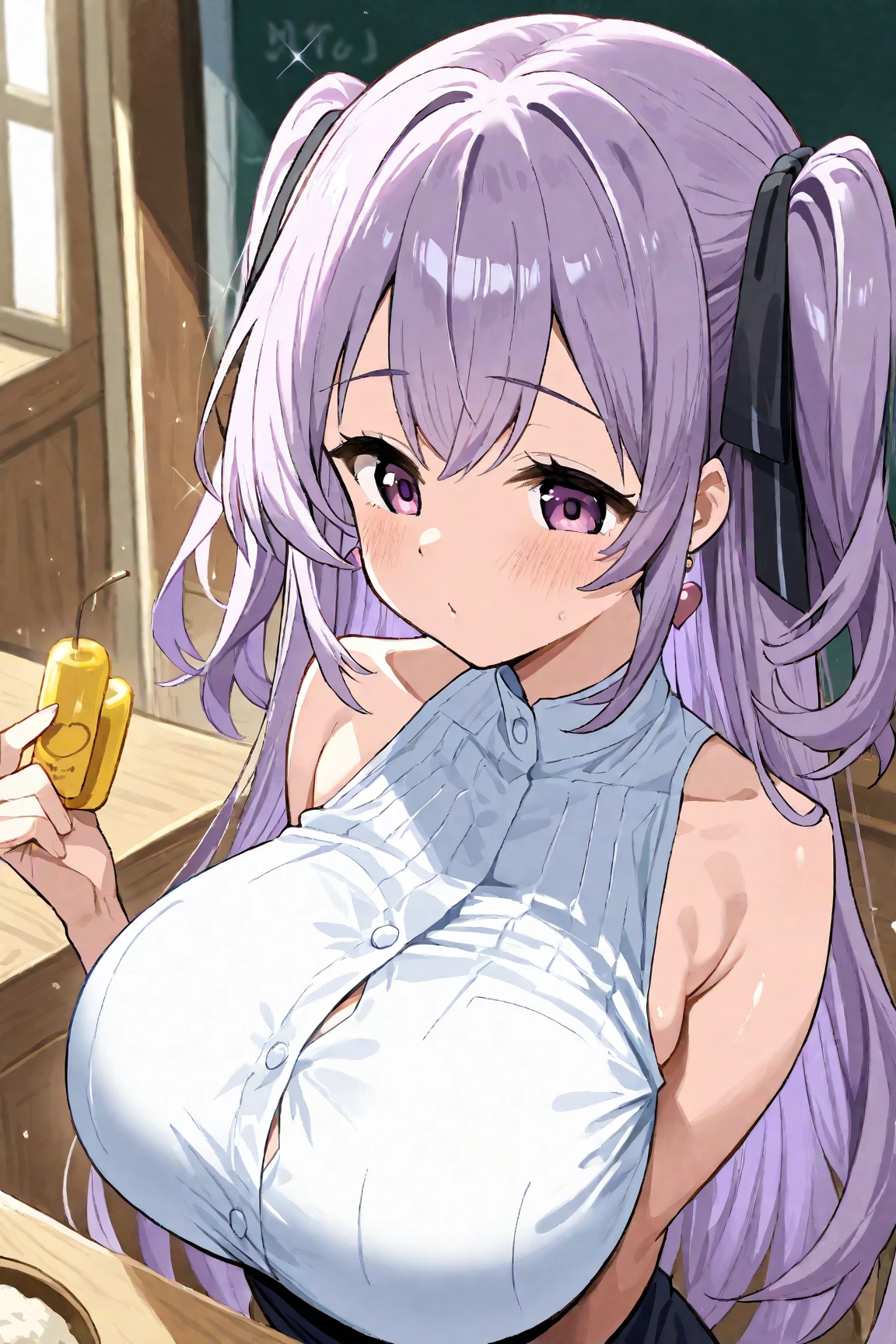 Hiiragitsumugi, Lavender Grey hair, long voluminous hair, brownish yellow eyes,11years old , large breasts, solo, nsfw, nipple, Eating out