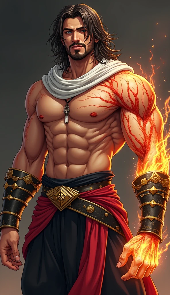 Asian Male Warrior Tribe God of Fire, Folha de design de personagem, refer ence sheet, diferentes poses, corpo muscular, cabelos longos brancos, different angles, plano de fundo simples, plano de fundo de uma cor, canelos brancos