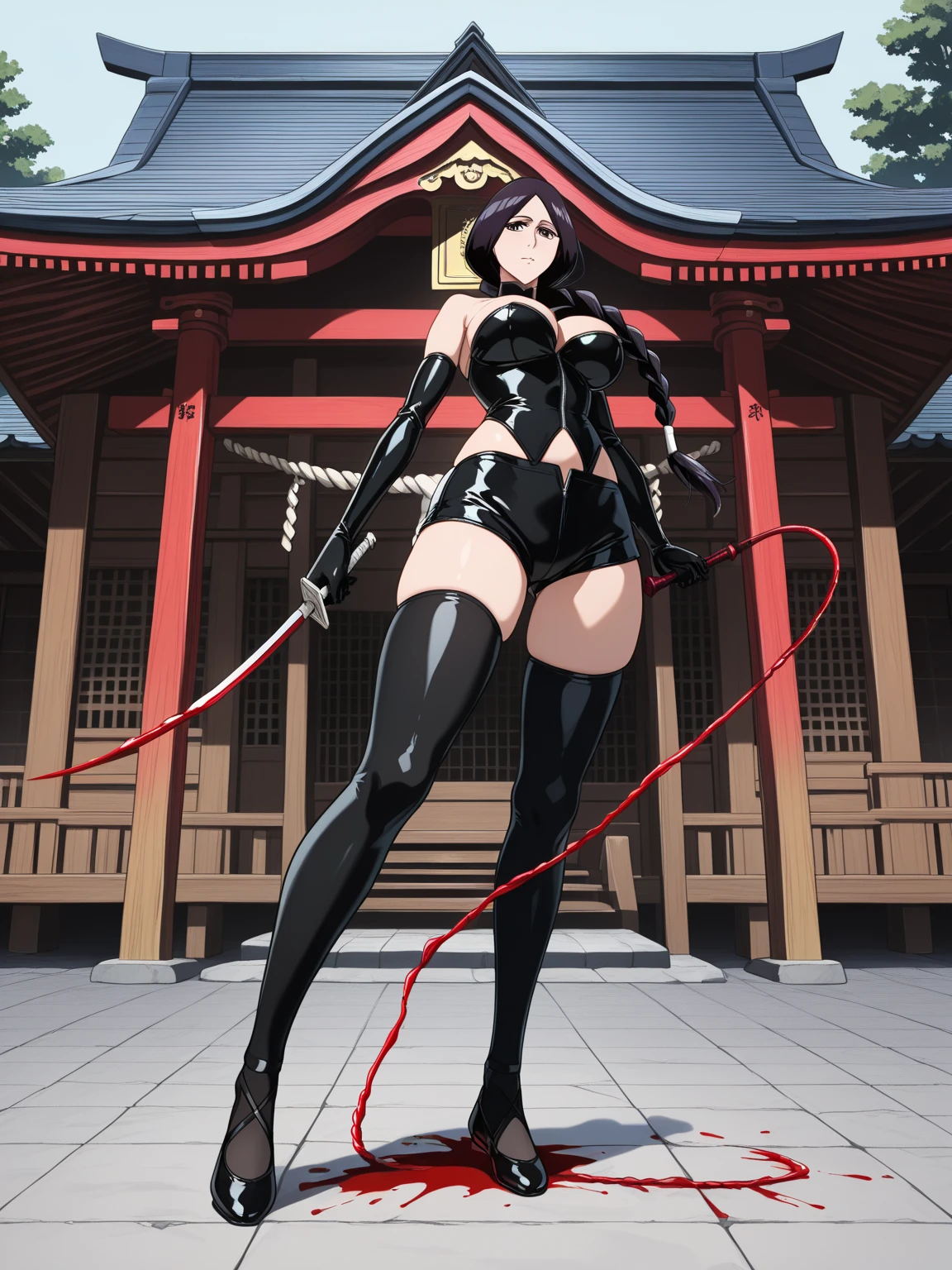 Wearing an eye patch Attack stance, fighting stance, she holds a Japanese knife, 2B, NieR: Automata, black dress, short skirt, facing the camera, holding a Japanese long knife, kneeling on one knee with her right leg, knee facing forward on her left leg, cold, well-proportioned, anime pose, hands in front of her face, delicate face, picture coloring, black leather boots, black stockings, black boots, city ruins in the background, black stockings, more details, beautiful light and shadow, cinematic footage