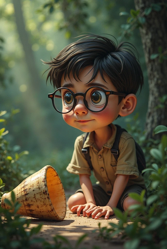 A boy stands with wooden glasses