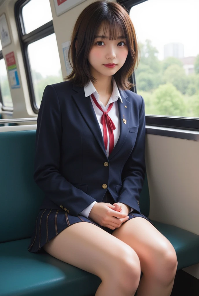 (8K), (best quality: 1.2), (realistic), (realistic: 1.37), ultra high resolution, 1 girl, cute, serious face, closed mouth, beautiful details, beautiful nose, beautiful hair, ponytail,huge two cells, pork, thighs,Self Snap,College student ,sitting on a train in tokyo,simple blazer,pleated skirt,(The pattern of the skirt and tie is a tartan check pattern....:1.3),cross one's legs, from above,(thighsにクローズアップ),(光沢のあるthighs),(opaque blue knee high socks:1.2)