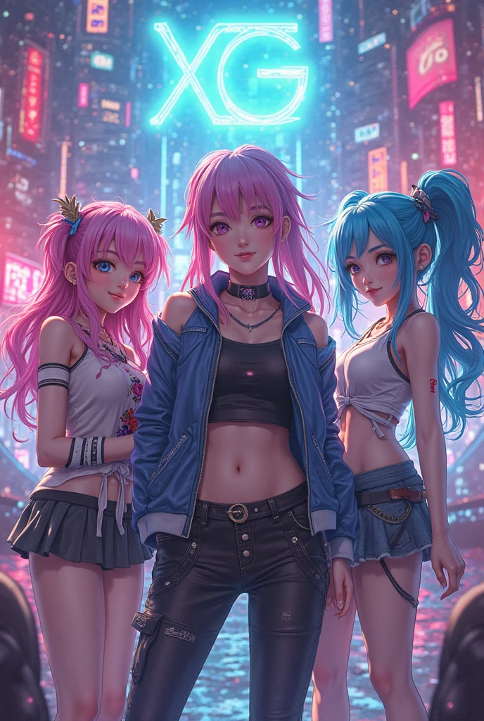 masterpiece, 1girl ((20year old, Black short sleeve hoodie exposes navel, tight blue jeans, medium breasts, multicolor pink hair, twin ponytails, green eyes, flirting, happy, big smile, headphones, walking in a street at night, neon lights and towering skyscrapers, futuristic and energetic atmosphere))
