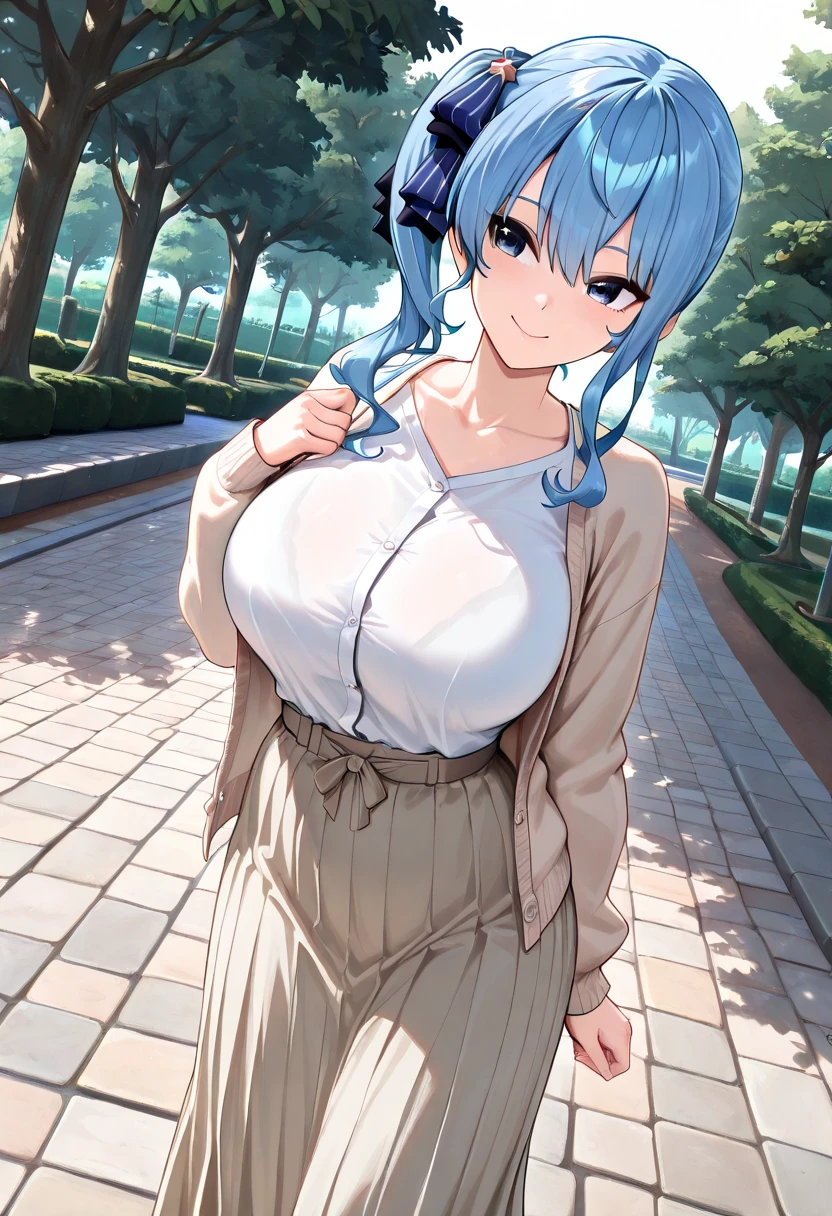 masterpiece, top-quality, hight resolution, Fiona 1, brid_nikke, hair_Over_One_eye, 独奏, 耳Nipple Ring, Huge boobs, sweater dress, Blue tie, Sleeveless, plein air, sitting on, Benches,