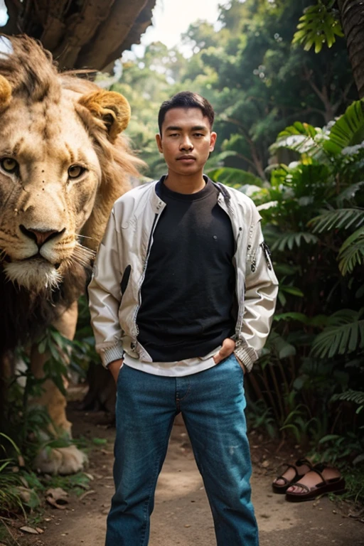 A handsome, burly, muscular young Vietnamese man without clothes, wearing only trousers, jeans, standing with a big lion while looking at the camera with the mountains in the background.