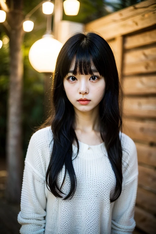 masterpiece, best quality, ultra-detailed, illustration, portrait, over, jewelry, long hair, solo, lovely black dress, flat chested, ((hanni1)), (in garden), (stairway), (bangs), no makeup, cute girl, beautiful hanni , happy mood, sunny, best quality, ultra highres, (photorealistic:1.2), (depth of field:1.1), (looking at camera:1.1), jean material shirt, black hair, short hair, brown clothes, solo, 1 girl, medium chest, in garden, bokeh, soft light, bloom, perfect body, perfect anatomy, photoshoot, clean face, pale skin, clean skin, hanni1, <lora:hanni-v1.5:1>