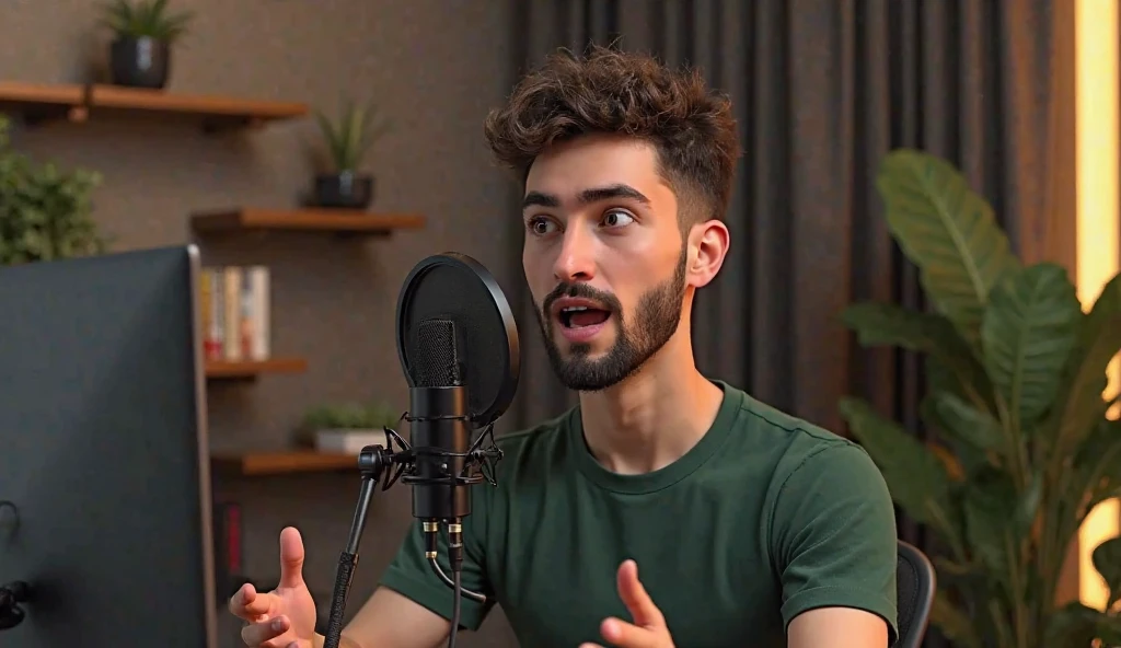 Bhai, aapka style toh ekdum on-point hai! Aap jis image ka prompt maang rahe ho — usme banda front ki taraf dekh raha hai, curly hair hai, dark green T-shirt pehni hai, aur ek **professional mic ke saath recording setup** mein hai. Left side mein ek **monitor/laptop screen** bhi dikh raha hai.
Aapka exact requirement hai:
✅ Face aur body **seedha (front-facing)** ho
✅ Left side mein **laptop/monitor** ho
✅ Realistic + 3D + cinematic look
✅ Background same vibe wala ho (plants + warm shelf light)
✅ Koi bhi mistake na ho
---
### ✅ **Perfect Prompt for This Studio Podcaster Look (Front Facing + Laptop Left)**
> **"A hyper-realistic 3D render of a young man with short curly hair and trimmed beard, wearing a dark green fitted T-shirt, sitting in a modern podcasting setup. He is facing the camera directly, with expressive eyes and hands mid-gesture, speaking into a large black studio microphone mounted on a stand. On the left side of the frame, there is a sleek laptop screen visible. The background includes warm ambient lighting, decorative wooden shelves with small plants and books, and a tall green indoor plant. High-resolution, natural shadows, cinematic lighting, 4K, realistic skin and texture details, perfectly symmetrical framing."**
---
🎯 *Optional MidJourney-style Parameters (if needed):*
> `--ar 16:9 --v 5.2 --style photographic --quality 2 --front facing --left side laptop --studio lighting --no distortion --hyperrealistic`
---
Agar aap chaho toh iska **animated version**, ya **different outfit** mein same banda, ya even **YouTube thumbnail style** chahiye ho toh woh bhi bana ke deta hoon.
Next concept kya ho bhai? 🎙️💻🌿