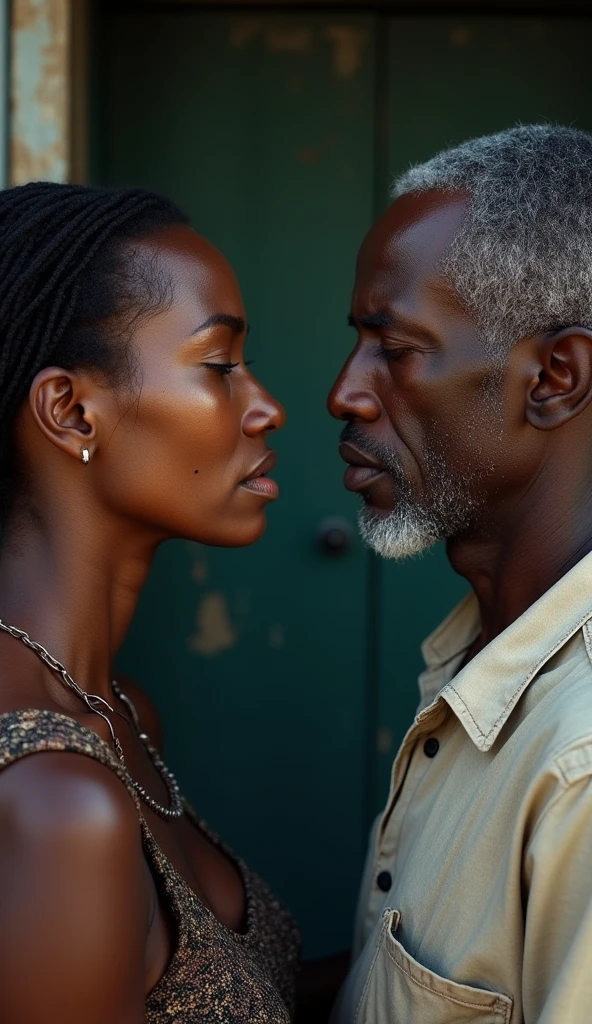 man tightening rope noose around african woman neck, man putting rope around girl's neck, girl serious expression, girl empty expression, single tear, execution by hanging, gallows