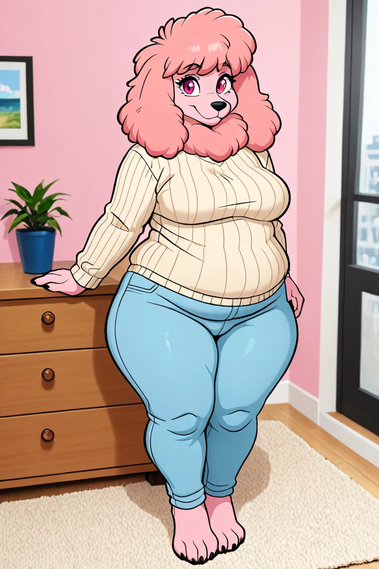 A morbidly obese beautiful and gorgeous female arctic wolf with long hair and eyelashes and nails,fat arms, fat legs and belly rolls,small feet , coloured nails, sitting in bed, huge belly, chubby cheeks, double chin,fat rolls, fat neck