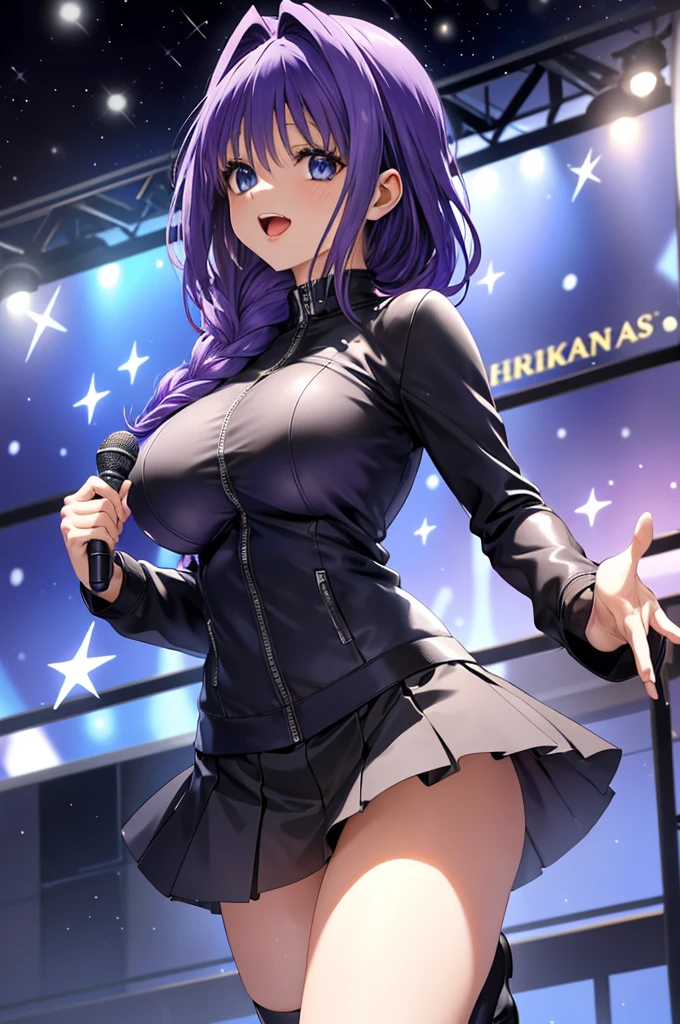 hoshino_ai_\oshinoko\), (topless)), nsfw, masterpiece, stage lights, live, big screen, crowd rave, concert, live performance, dancing, solo, 1 girl, erect nipples, nipples, navel, bare breasts, bare stomach, sweaty, outdoors, night, smiling, choker. black shorts, fishnet leggings, collarbones, slim waist, purple hair, long hair, detailed eyes, beautiful eyes, holding coffee microphone, necklace, purple eyes, star shaped pupil, sunglasses on head, open mouth, 1 arm up