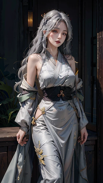 photorealistic, high resolution, 1women, solo, hips up, look at viewer, (detailed face), white hair, long hair, Taoist robe,oversized clothes, jewelry
