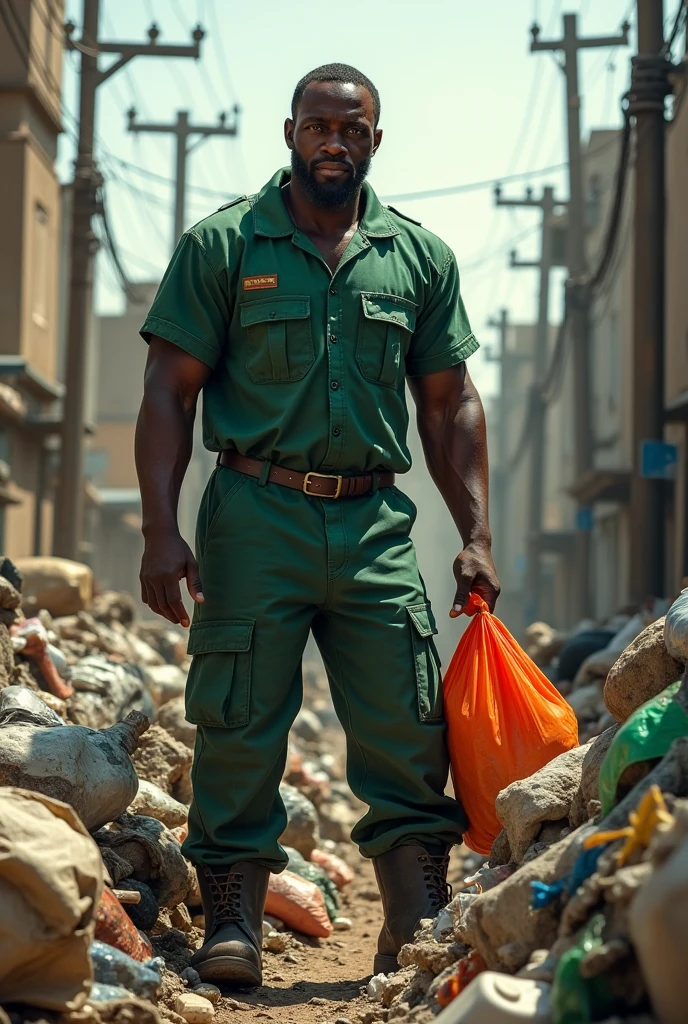 Generate an african maintenance man in green reflector and green helmet with tools up