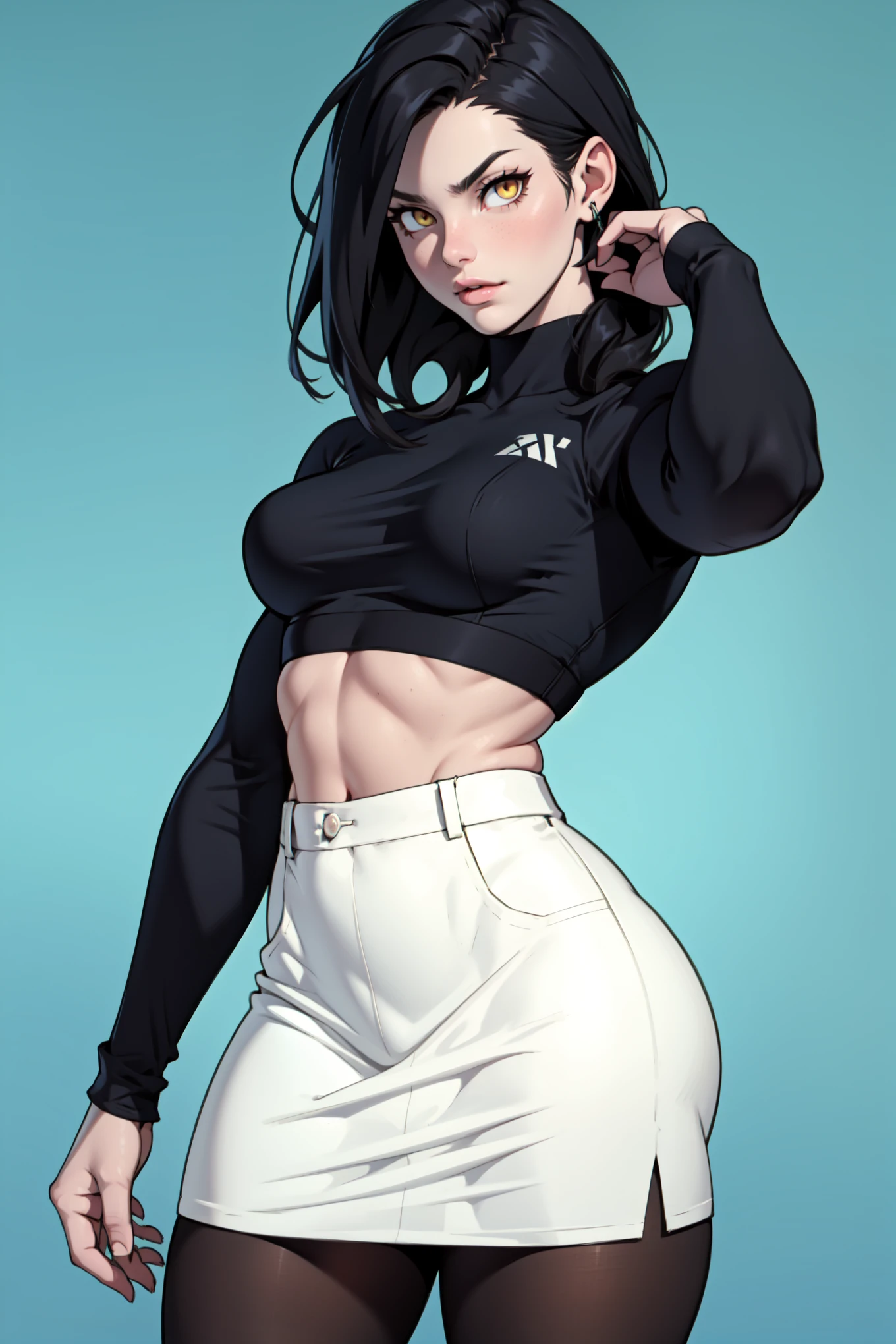 B/W, white lines, vector art minimalist illustration, crisp, smooth, monochrome design, black magic splash, in the style of vector art,solo, emmanorts as apocalypse mercenary female, (black hair:1.2), tight medium hairstyle, medium hair, visible forehead, black ((black tube bra:1.1)), (black crop top), ((visible underboob)), green snake pants, large breasts,, aesthetic should be classy and elegant, black background