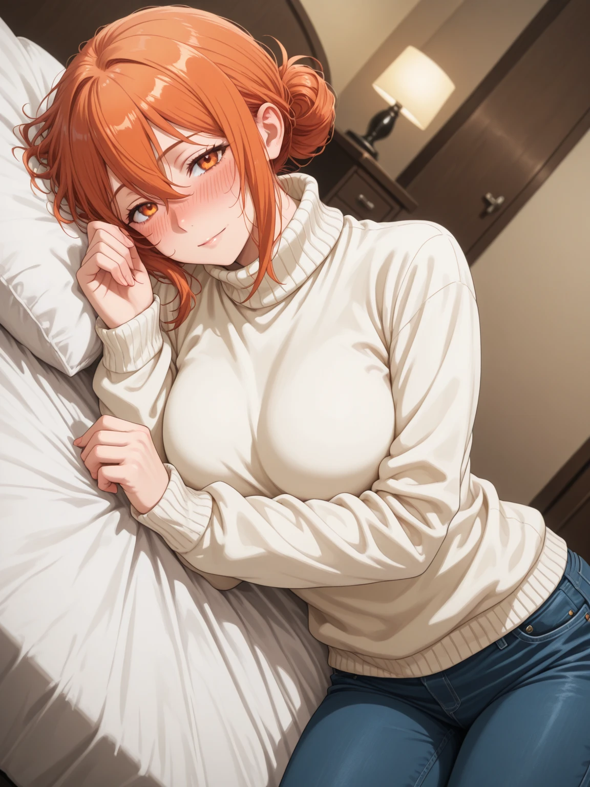 ((masterpiece )), (top quality), (best quality), ((ultra-detailed, 8k quality)), Cinematic lighting, (detailed line art), a elf girl with delicate skin, smiling and looking directly at the viewer, lying on the bed in a turtleneck sweater, the sunlight gives this scene a warm touch, BREAK, highly detailed of (elf), (1girl), perfect face, details eye, Bob cut hair, Blunt bangs, (hair between eye), orange hair, blue eyes, eyelashes, eyeshadow, pink eyeshadow, light smile, design art by Artgerm, by Kawacy, By Yoshitaka Amano, BREAK, (sweater), turtleneck, long sleeves, thighs, bare legs, lying, on bed, happy, smile, blush, (sunlight), full body, from above, cozy, Bedroom, BREAK,  ((perfect anatomy)), nice body, medium breast, extremely detailed finger, best hands, perfect face, beautiful face, beautiful eyes, perfect eyes, perfect fingers,