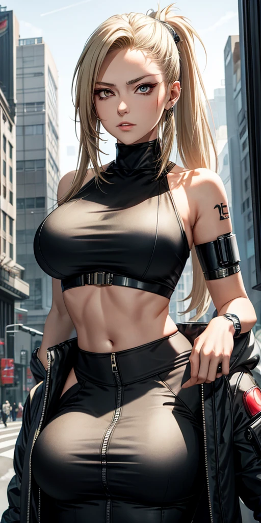 unparalleled masterpiece, ultra realistic 8k CG, perfect artwork, (1girl:1.1) , solo, ((perfect female figure)), (nsfw), looking at viewer, mature female, bimbo (android 18) standing, (teasing), best quality:1.1 , seductive posture, sexy pose, alluring, (beautiful), (curvy), (thick), blonde hair, (blue eyes:1.2), short hair, earrings, jewelry, denim vest, open vest, black pantyhose, black shirt, denim skirt, striped long sleeves, blue skirt, toned legs, fit, (abs:1.1), (big butt:1.4), peach ass, (athletic body:1.2), (large breasts:1.3, (big_breasts:1.1), wide_hips:1.5, narrow waist, small waist:1.5, slender body:1.2, thick thighs:1.3), (shiny skin:1.2), (hdr), (street:1.2), Nikon D850 film stock photograph Kodak Portra 400 camera f1.6 lens, rich colors, lifelike texture, dramatic lighting, unreal engine, trending on ArtStation, by Gerald Brom, by Frank Frazetta, by Luis Royo, by Julie Bell, by Boris Vallejo