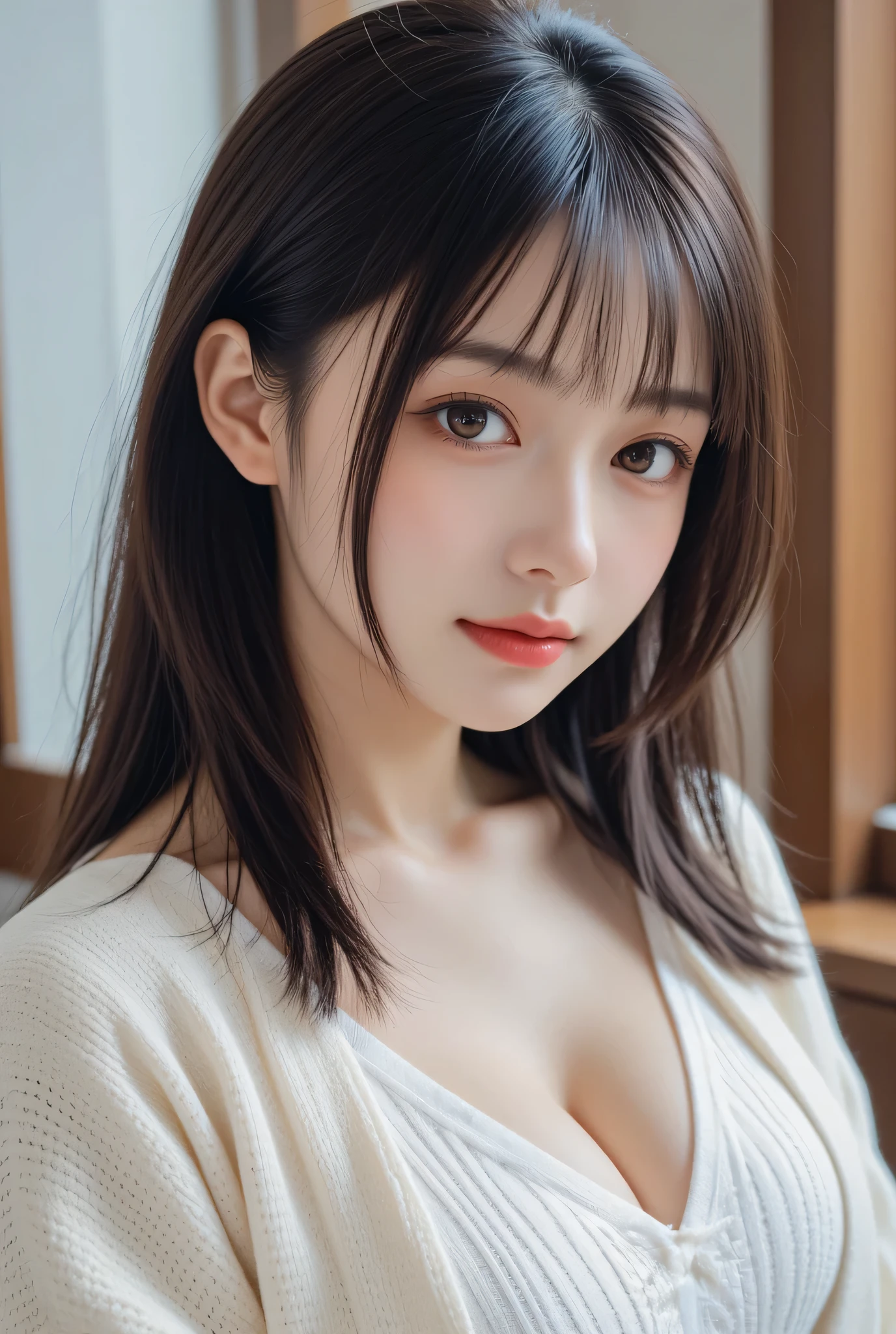 (1 nogizaka girl,raw photo,photo realistic:1.5),(best quality, high quality,HDR, highest quality,ultra high resolution,high resolution,high res,ultra high difinition,huge file size,8K,2K wallpaper,8K wallpaper,high quality texture,amazing,an extremely delicate:1.4),one girl, Japanese famous idol,beautiful face,small face,absurd,ridiculous,incredibly ridiculous,portrait,breasts close up,blurry background,(school uniform,cleavage,no makeup:1.2),(six_heads tall),medium skin,beautiful skin,detailed skin,six heads tall,black hair,silky hair,(Japanese eyes:1.3),detailed eyes,black eyes,Japanese idol eyes,triangle eyes,Japanese nose,5-fingers,(Light Particles, Lens Flare, Luminous Particles: 0.7),looking at viewer,bright lighting,professional lighting,girl