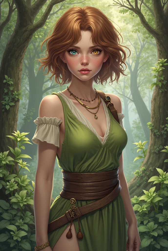 a  portrait of a durable [babe|temptress] , druid, leaf robe, perfect face, pretty face, brown eyes, auburn hair, Hi-top fade, very short hair, flat chest, lush detail, absurdres, clothes made of leaves