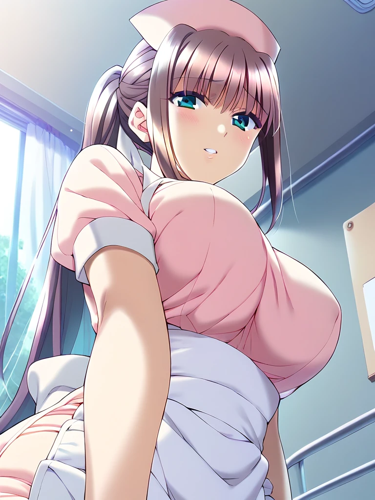 Nurse in pink suit looking at her tits,ojos verdes y pelo cafe corto,grandes senos y culo gigante