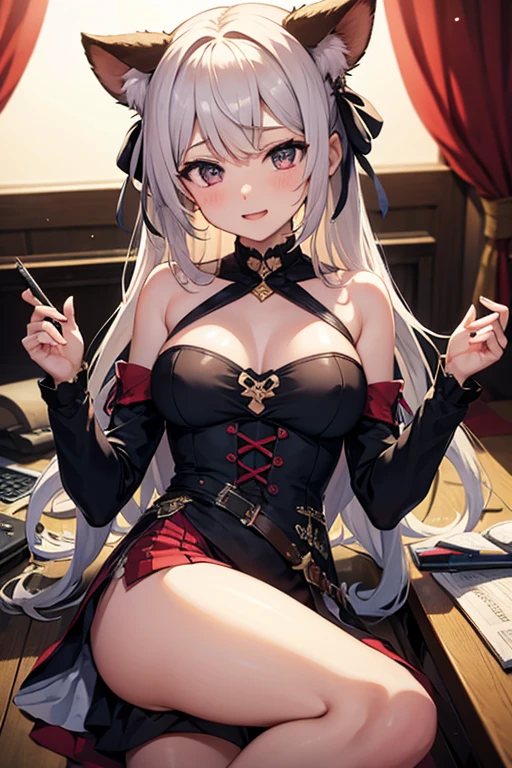 masterpiece, highest quality,, GBF, Black gloves, Black knee socks, Cape, draft, Grey Hair, horn, Big Breasts, Long Hair, Pointed Ears, mini skirt, Red Skirt,, indoor, cake, Happy, close your eyes