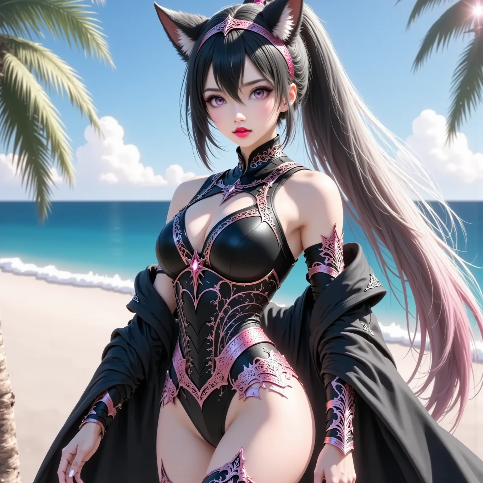 Ninomae Ina'nis, VTuber, 1 girl, ornament hair, swim suit, gloves, wave hair, medium hair, beach scene, sea on focus, white swim suit, cape, more details on her clothes, sea, night, smiling, ornament hair, long hair, palm trees, Looking at the viewer, flowing hair, Beautiful Eyes, Plump and glossy lips, white swim suit with too many frills, beach, beach scenery, sparkle, solo, centered girl, cowboy shot, perfectly body, perfectly hands, two arms, two legs, two hands, five fingers, perfect anatomy, glowing hair, cat ears, beach scene, upper body portrait