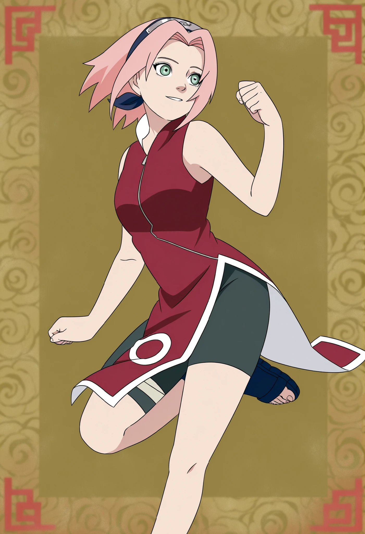 Sakura haruno, 1girl,solo, short hair, pink hair, green eyes,"Red sleeveless Chinese qipao with white trim and symbol, black shorts, black open-toe ninja sandals."