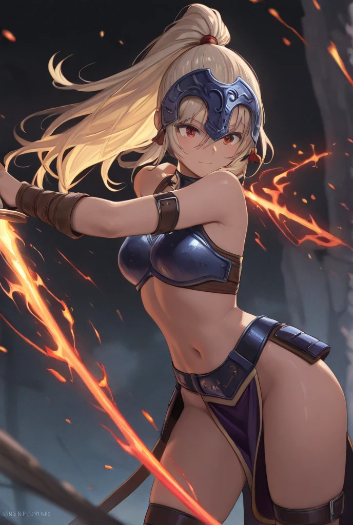 1 Valkyrie,(flat chest,small breasts:1.2), bokatan,( hair ornament,circlet:1.5),(detailed heavy armor,Navel exposed:1.3), short ponytail hair,(forehead hair:1.5),(hold a huge spear:1.2),( battle pose:1.3), Photorealistic, Hyperrealistic, Hyperdetailed, analog style, hip cocked, demure, low cut, detailed skin, matte skin, soft lighting, subsurface scattering, realistic, heavy shadow, masterpiece, best quality, ultra realistic, 8k, golden ratio, Intricate, High Detail, film photography, soft focus, blurry background,toned body,(Explosive flames, explosive smoke)