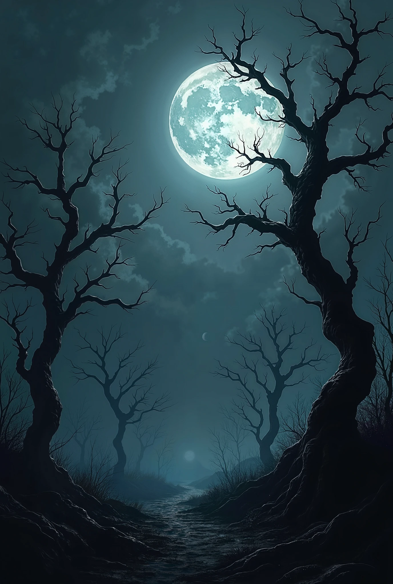 pulp horror, scary, full moon,ominous storm clouds,strait jacket,Twisted trees with claw-like branches<lora:EnvyPulpHorrorXL01:1:1:lbw=ALL>